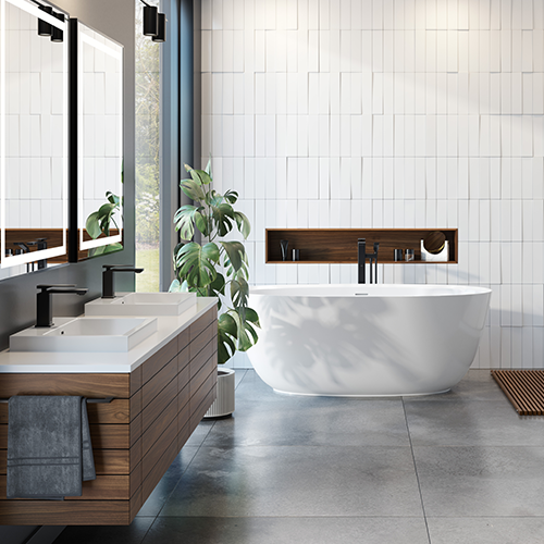 Une baignoire et des lavabos avec la robinetterie Kalia.